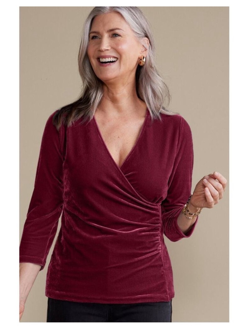 Soft Surroundings Velvet Alyssa Knit Top Surplice Cabernet Burgundy Sz Large